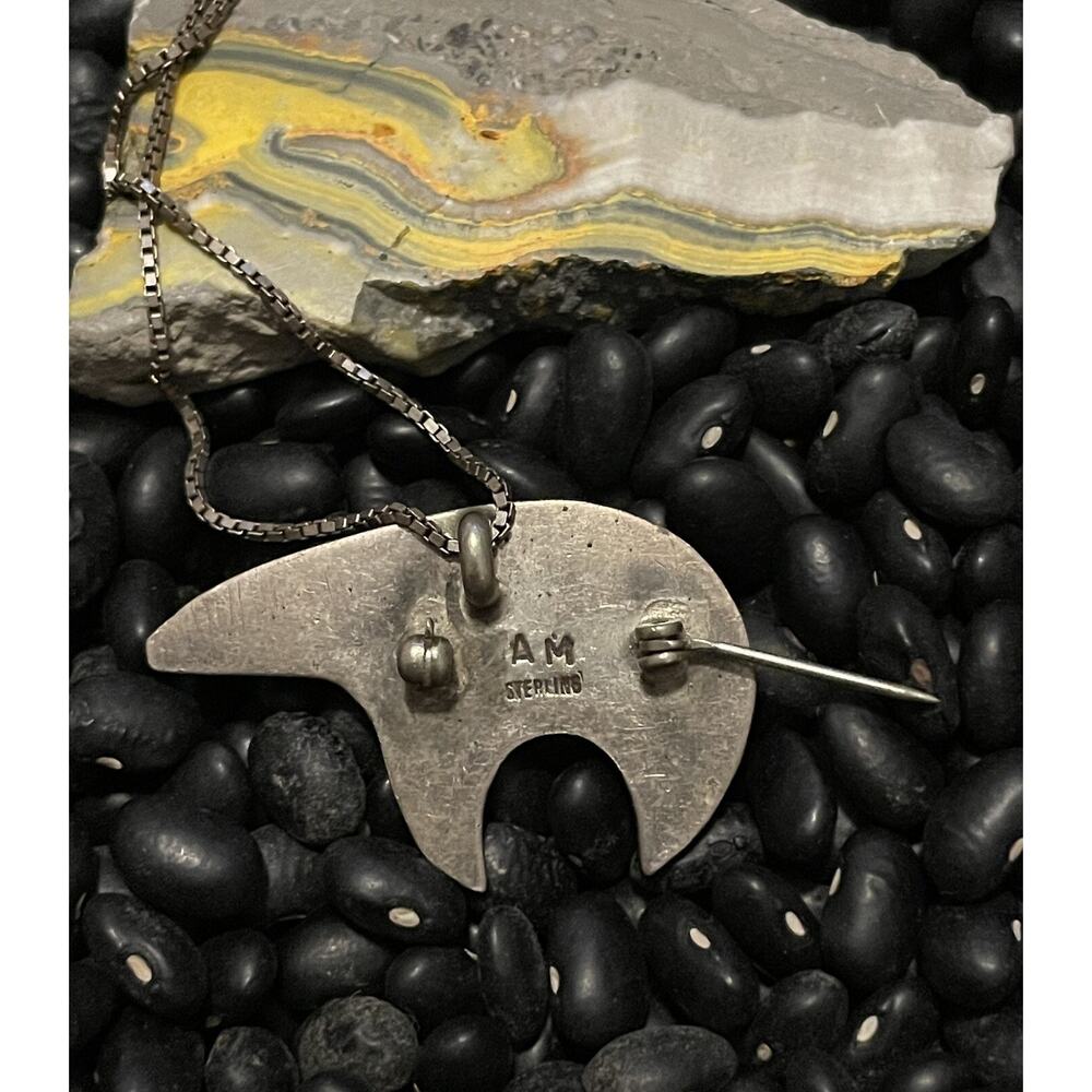 Native Sterling Silver Storyteller Bear Lightning Spirit Pin Pendant Signed AM - Picture 6 of 12